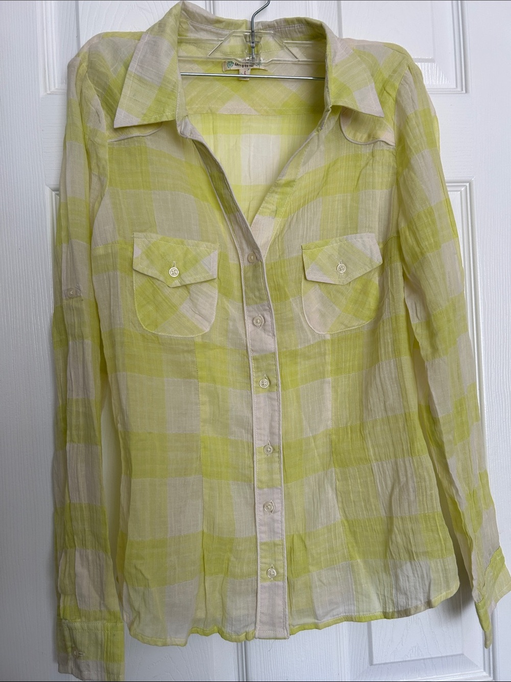 Love fire Light Green Plaid Button-Up Cowgirl Sheer Shirt - Women's Top